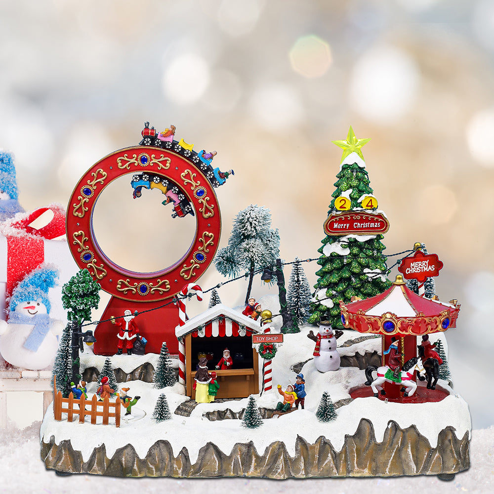 WISH Snow Covered Musical Christmas Village LED Light Park Snow house Resin Animated Ornament Home Decor