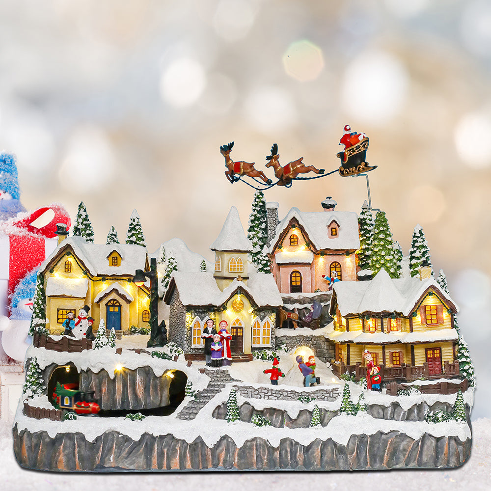 Christmas Village Xmas Decoration Musical Dollhouse With Santa on slay with lights