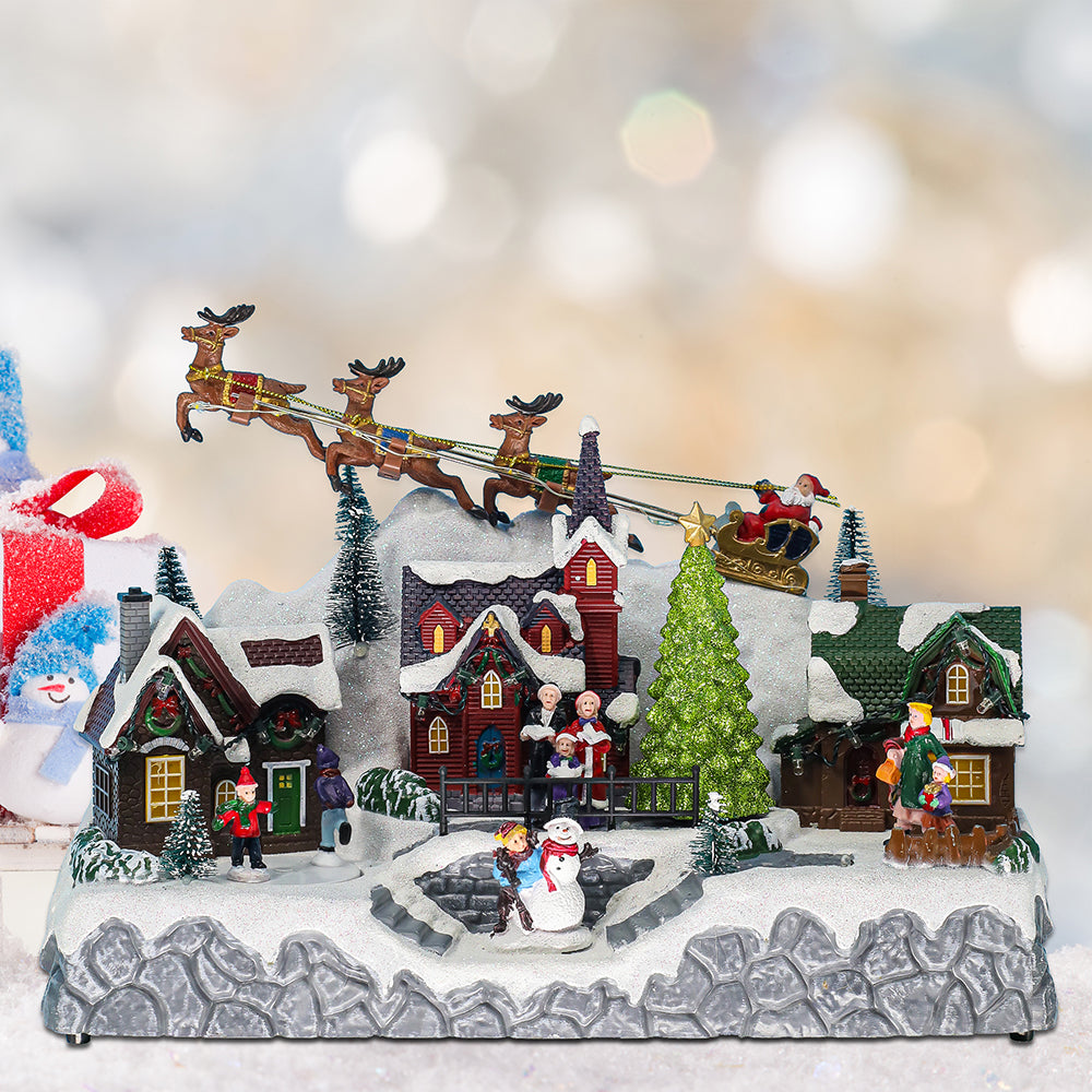 Christmas Village Xmas Musical Dollhouse With Santa on slay with Lights Holiday Decoration