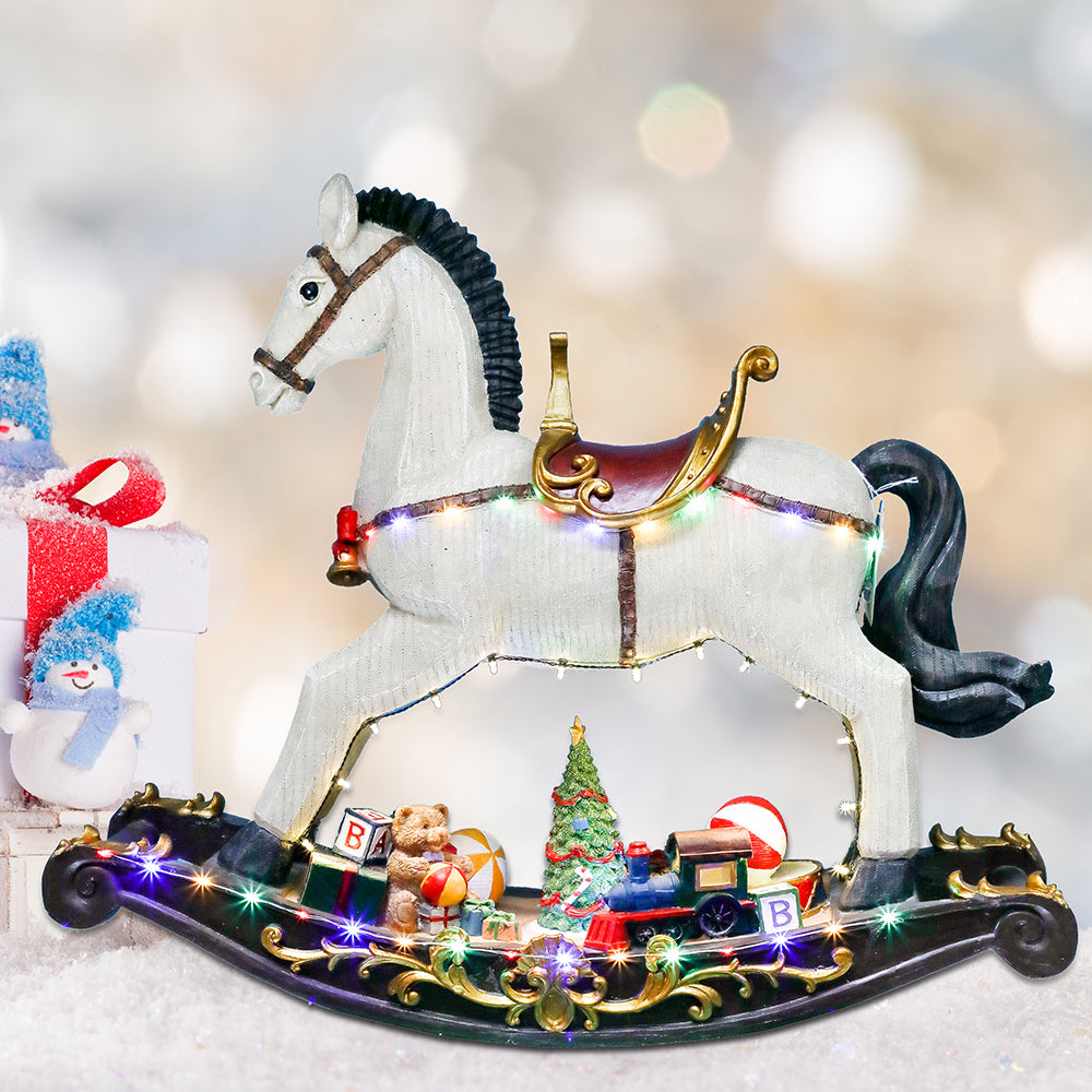 WISH Musical LED Light Christmas Village Rocking Horse With Christmas Tree Resin Animated Large Gift Box