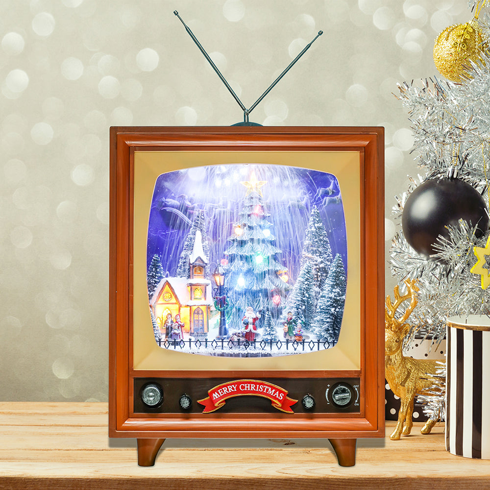 WISH Musical Luminous Christmas Village Christmas Tree TV Snow Box Animated Large Gift Box Christmas Ornament